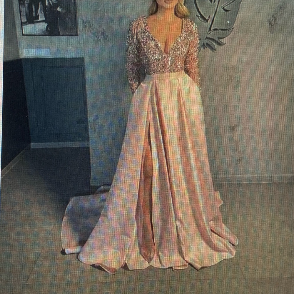 Blush Pink Sequin Satin V Neck Formal Dress